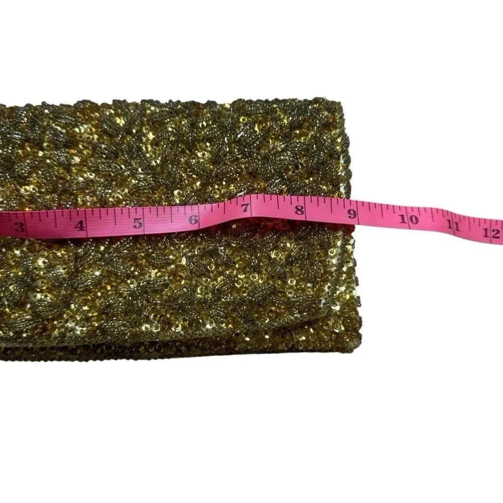 50s 60s Vintage La Regale Gold Beaded Sequin Satin Clutch